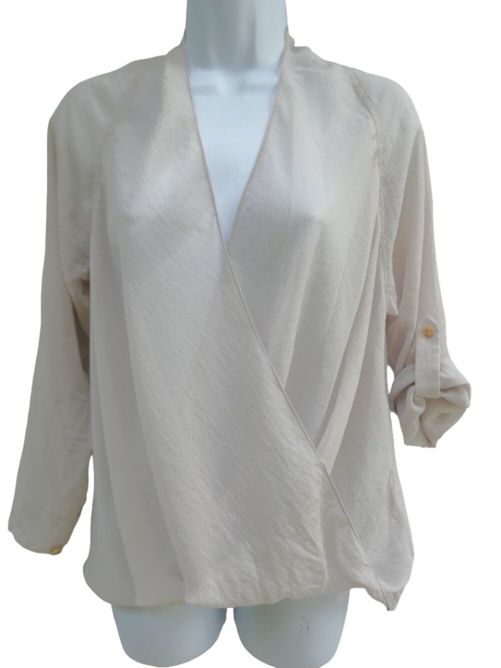 Helmut Lang USA Gray Sheer Draped Surplice Top Raglan Long Sleeves Roll Up Tabs